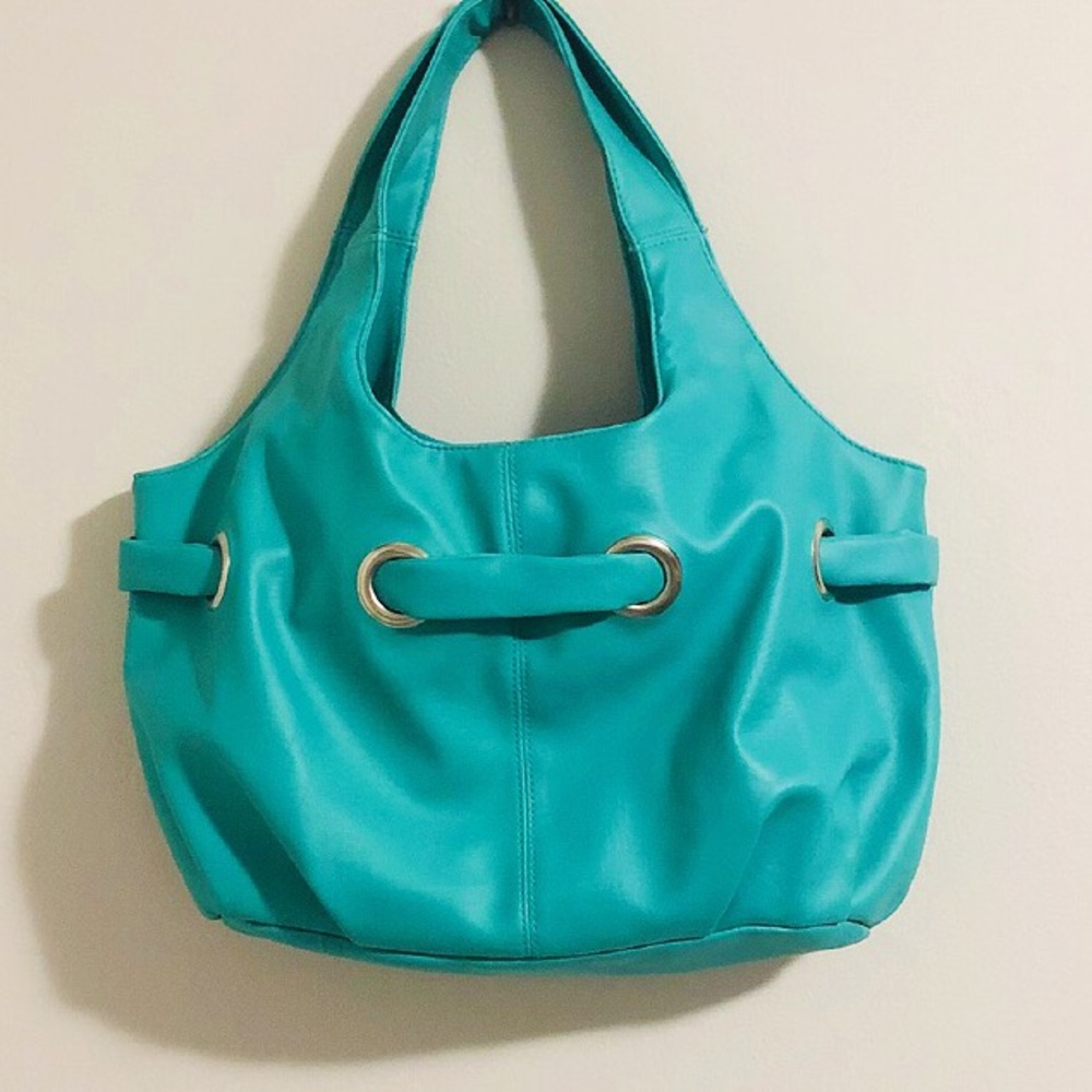 Teal leather look tote hand bag
